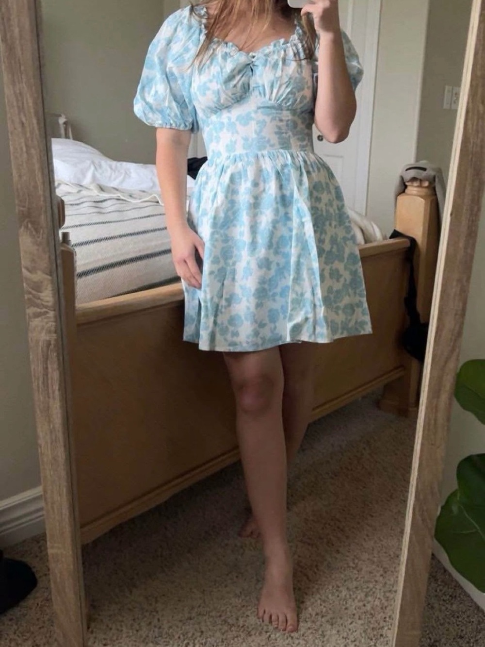 Sabo Skirt Powder Blue Floral Puff-Sleeve Mini Dress